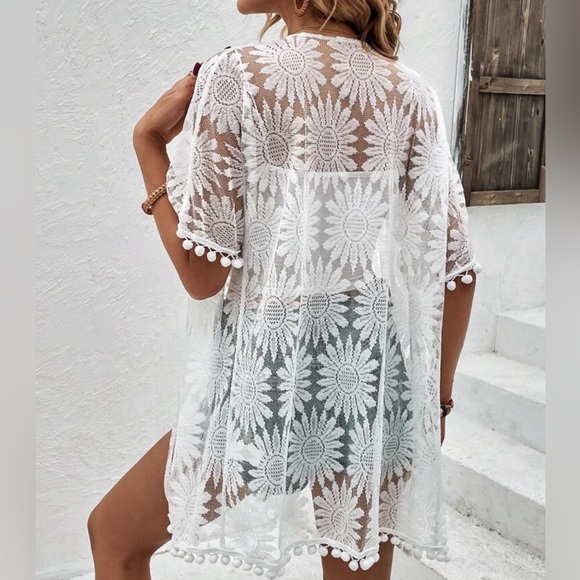 SHEIN Swim Vcay Floral Embroidery Pom Pom Trim Mesh Kimono - Picture 2 of 3